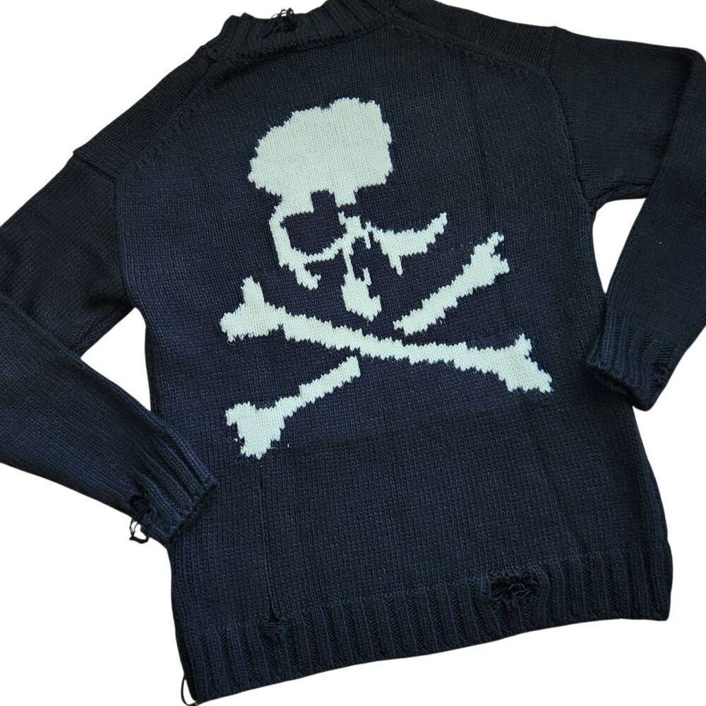 Mastermind World Sweater Mens L/XL Black Skeleton Jumper Knit Distressed Japan E